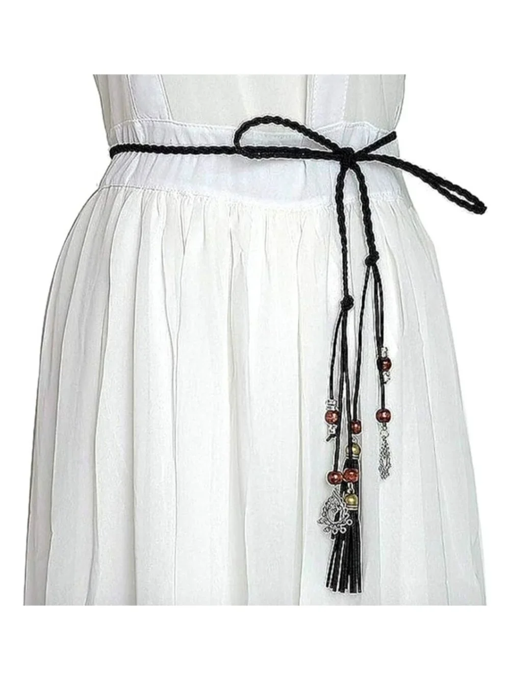 Black Braided Wrap-Around Waist Belt With Tassels & Metal Charms